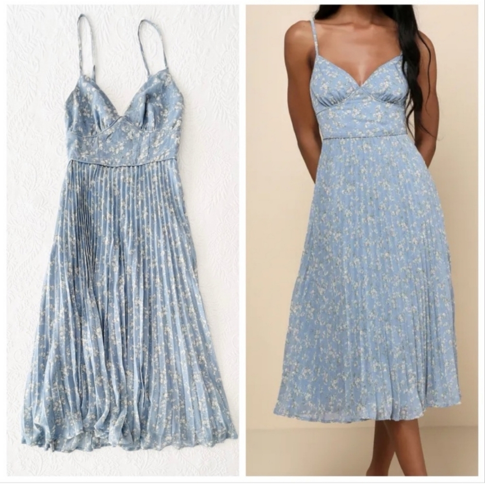 Lulus Darling Favorite Light Blue Floral Sleeveless Pleated Midi Dress S…